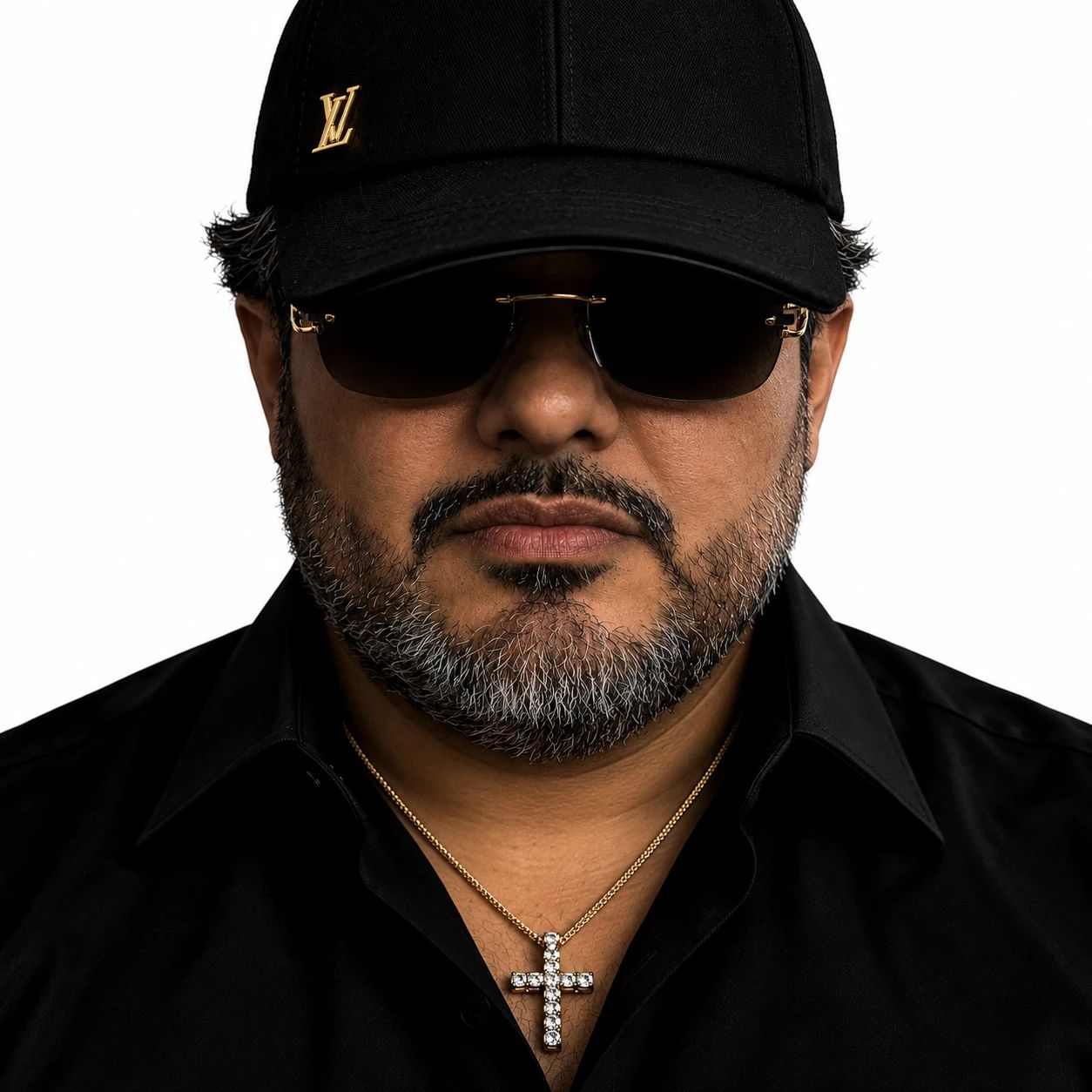 Aflo de frente, con gorra negra, lentes oscuros, camisa negra y una cruz.