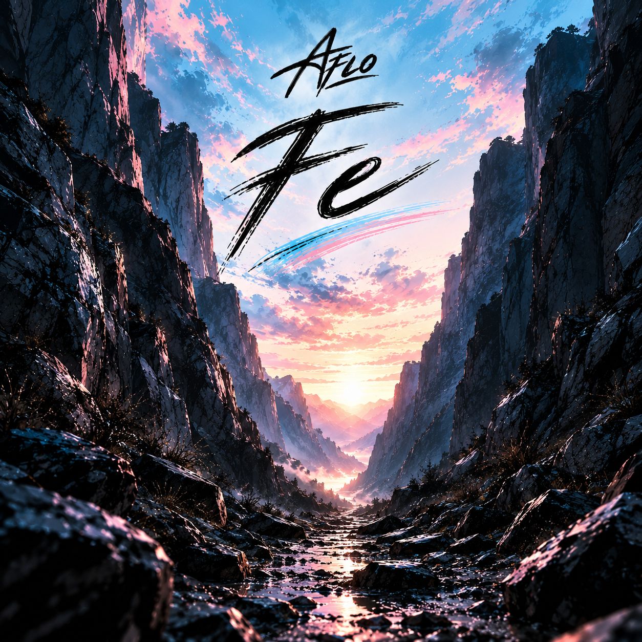 Portada de "Fe" de Aflo: un cañón de roca al amanecer bajo un cielo azul y rosa.